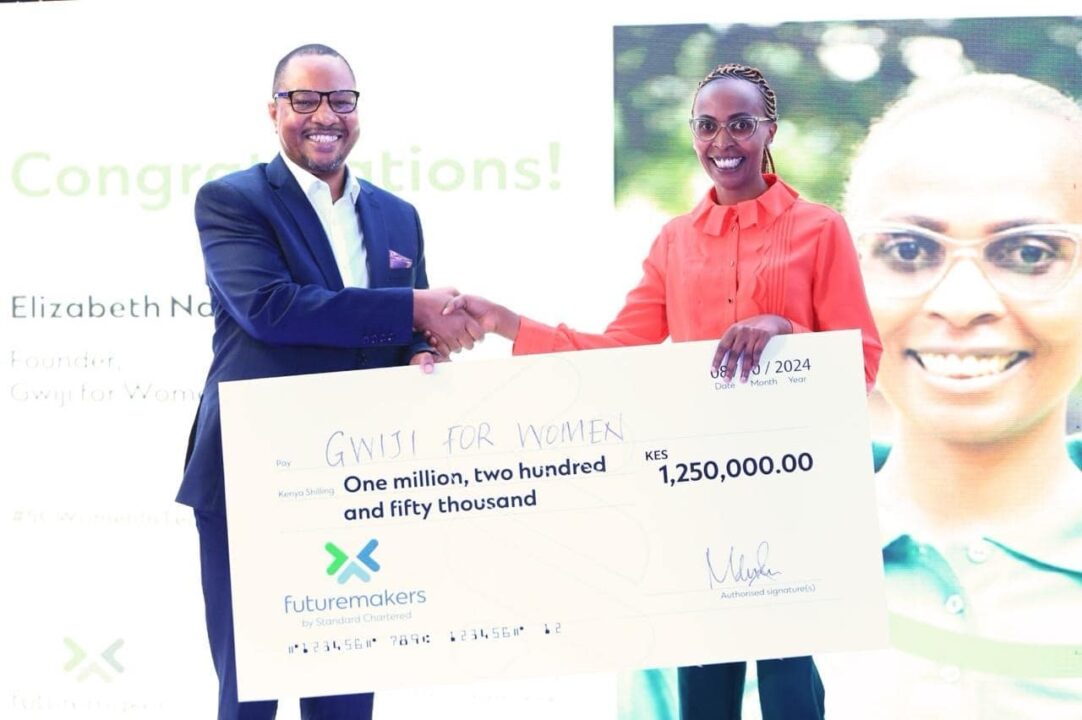 Peter Gitau, Chief Technology and Operations Officer - Standard Chartered Kenya and East Africa together with Elizabeth Nduta founder of Gwiji for Women, one of the top 7 winners of the Standard Chartered Women in Tech Cohort 7 program